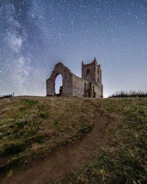 Fine art astrophotography print of the Milky Way behind Burrow Mump in Somerset
