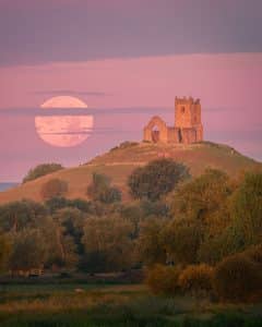 Landscape Photography of Burrow Mump with a Full Moon