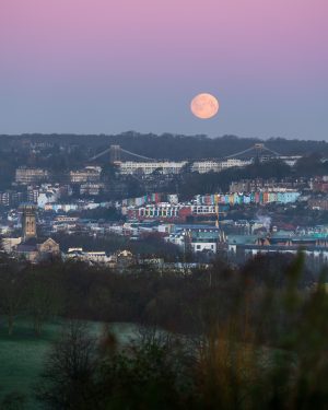 A fine art cityscape print of the full moon from Perrett Park in Bristol